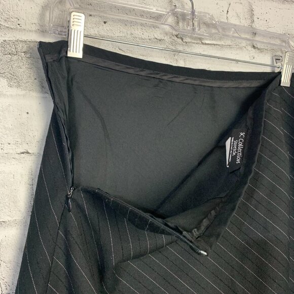 Vintage 90s Black Pinstripe Embroidered Flowers Knee Length A-Line Skirt - Picture 7 of 12